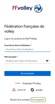 Écran de connexion de MyFFVolley, le lien « S'enregistrer » entouré en bas du formulaire
