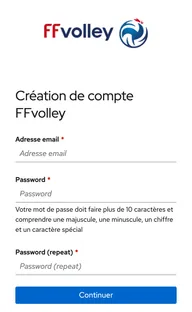 Écran « Création de compte FFvolley » : adresse e-mail, mot de passe et sa confirmation